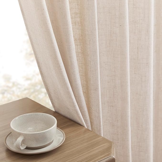 Joydeco Linen Curtains for Living Room,Semi Sheer Drapes Window Long Curtains 96 inches Long Pink Beige