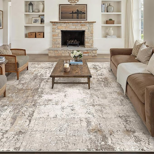 10x14 Washable Area Rug Brown Grey Abstract Non Slip Soft Low Pile Rug for Living Room Bedroom Dining Room Office Neutral Modern Indoor Large Throw Carpet for Home Decor