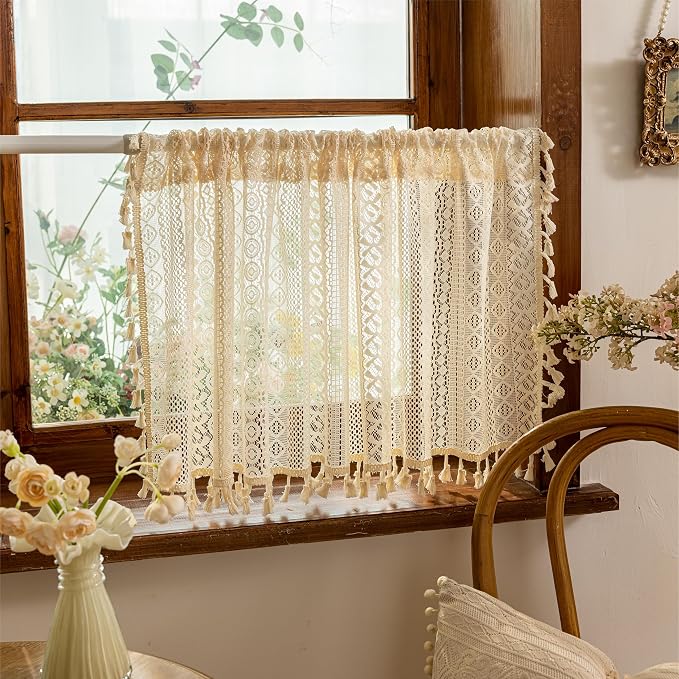 Sutuo Home Beige Boho Lace Short Kitchen Curtains 36 inches Long for Cafe Laundry Room, Semi Sheer Window Curtains Farmhouse Crochet Vintage Tassels Rustic Valance Rod Pocket Decor, 2 Panels 50" W