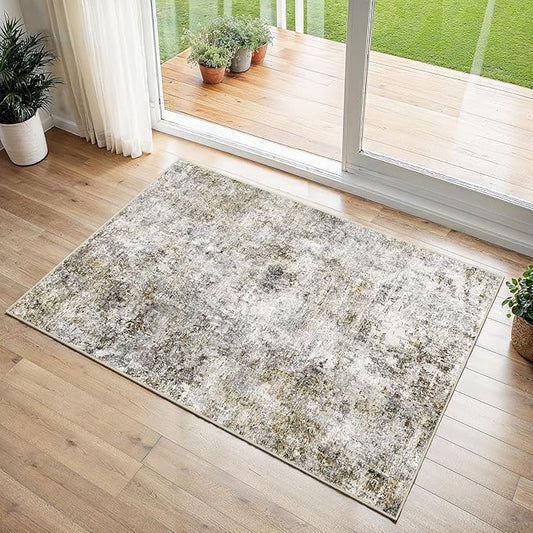 2x3 Washable Entryway Area Rug - Abstract Kitchen Rugs with Premium Non-Slip Backing Soft Low-Pile Small Carpet for Bathroom Bedroom Living Room Home Decor（Brown Gray，2x3）