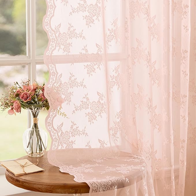 MEETSKY Pink Lace Curtains 54 Inch Length Set of 2 Vintage Victorian French Pretty Elegant for Girls Room Light Filtering Privacy Protect Rod Pocket Sheer Drapes, 50" W Each Panel, Light Pink