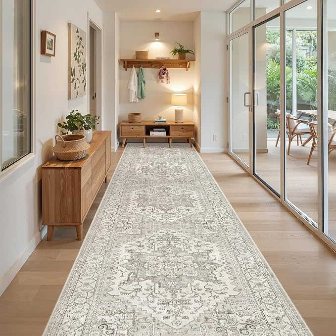 Madane Hallway Runner Rug 3x16 Washable Kitchen Runners Long, Beige/Brown | Vintage Non-Slip Wide Area Rugs 16ft for Entryway, Soft Thin Low-Pile Farmhouse Indoor Floor Carpet for Living Room Bedroom