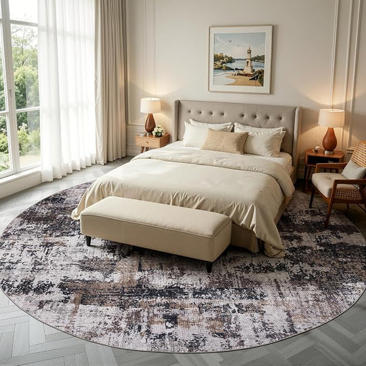 Sasttie 8ft Soft Round Area Rug, Modern Abstract Washable Large Circle Carpet for Living Room, Bedroom, Dining Room Table, with Non-Slip Backing, Black and Brown