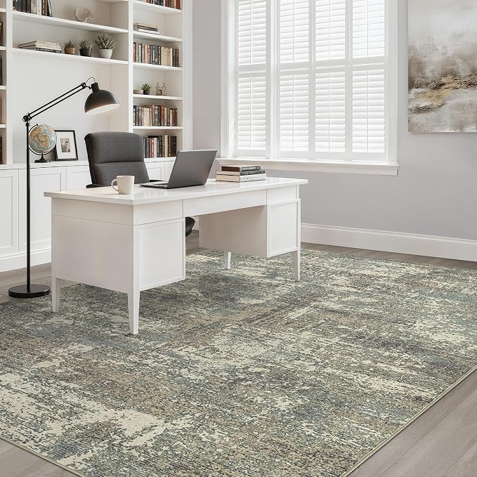 8x10 Area Rugs Living Room: Washable Large Neutral Rug Abstract Soft Modern Stain Resistant Indoor Floor Non-Slip Carpet for Bedroom Nursery Kids Office Playroom Dining Room- Green Brown