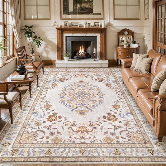 Tangsoo 8x10 Large Area Rug for Living Room, Non Slip Machine Washable Rug for Bedroom, Boho Vintage Beige Neutral Rugs, Soft Low Pile Indoor Floor Carpet Mat for Office Kitchen Farmhouse Home Decor