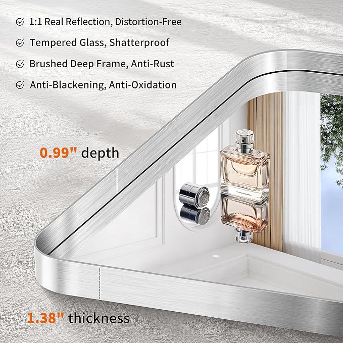 CIRCUMI Silver Bathroom Mirror, 24"x48" Rectangular Mirror with Deep Metal Frame, Rounded Corner, Tempered Glass, Large Mirror for Wall, Over 2 Sinks, Installed Vertically/Horizontally, Crystal-Clear