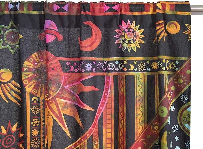 Popular Handicrafts Indian Burning Sun Moon Hippie Mandala Window Curtains for Doorways Closets - Gypsy Tye Dye Bohemian Beautiful Drapery Bedroom Livingroom Divider Balcony Valance Panels Golden