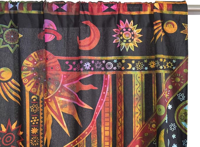 Popular Handicrafts 100 Inch Length 2 Panels Set Indian Burning Sun Hippie Mandala Window Curtains - Gypsy Tye Dye Bohemian Sun Moon Beautiful Drapery Bedroom Living Room Balcony Valance Panels Golden