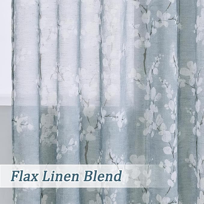 FMFUNCTEX Linen Sheer Curtains for Bedroom, Blue White Blossom Print Curtains 63 Inch Length for Living Room, Floral Patterned Farmhouse Curtain Light Filtering Window Drapes 2 Panels, Rod Pocket