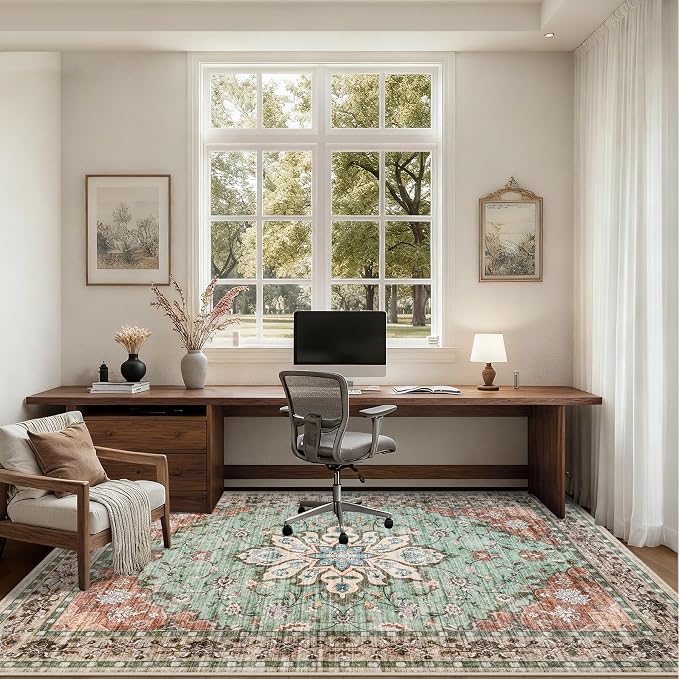 6x9 Area Rugs Living Room Rug: Washable Vintage Distressed Floral Rug No Slip Stain Resistant Soft Carpet Indoor Floor Large Carpets for Bedroom Dining Room Farmhouse Nursery Home Office Brown Green