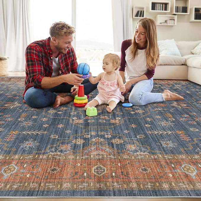 5x7 Area Rug for Living Room- Machine Washable Soft Oriental Vintage Large Indoor Floor Carpet for Bedroom Under Dining Table Home Office Decor - Blue Terracotta