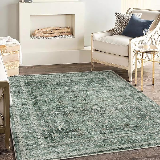 CHAMPLANT Washable Area Rug 3'x5' Vintage Traditional Floor Cover Foldable Thin Rugs Retro Kitchen Indoor Distressed Non Slip Carpet Floral Print Mat Bedroom Living Room
