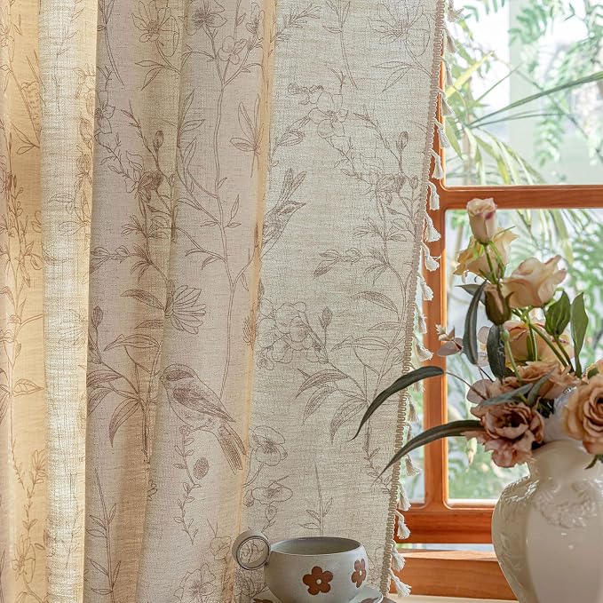 OYX Boho Bird Floral Curtains 84 Inch, Linen Farmhouse Botanical Drapes with Tassels, Light Filtering Semi Sheer Curtains for Living Room Bedroom, 2 Panels, Rod Pocket, 52Wx84L