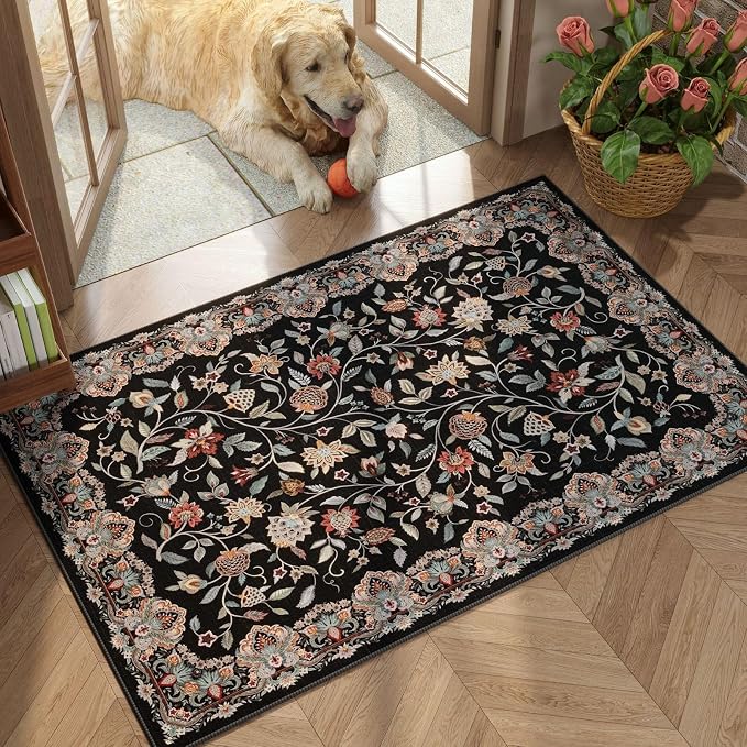 Rugcomf 2'x3' Entryway Rug - Paisley Pattern, Door Mat Indoor Entrance, Floral Vintage, Machine Washable, Non-Slip Low Pile Area Rug for Kitchen, Front Door, Kids Room - Black