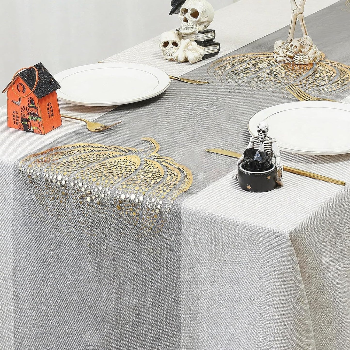 Halloween Pumpkin Table Runner Foil Metallic Thin Mesh Runners Fall Autumn Maple Leaves Table Runners for Tables Kitchen Dining Decorations Party Supplies 11*108"