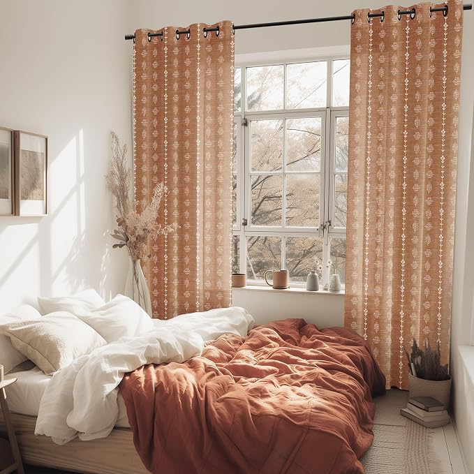 Lino Rosa 54 Inch Short Boho Curtains, Semi Sheer Linen Floral Pattern Drapes for Bedroom Kitchen Window 2 Panel Set 36x54 in Length