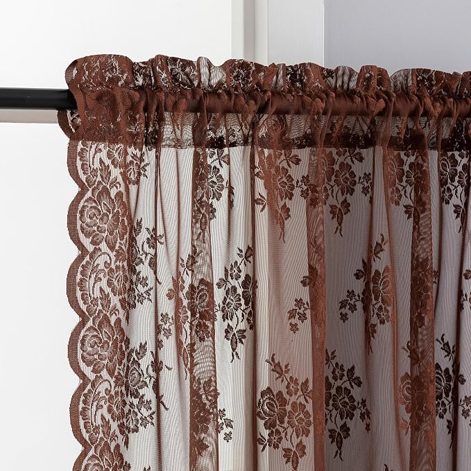 Kotile Warm Brown Sheer Kitchen Curtains 45 Inch Length 2 Panels W42 x L45 in, Dark Brown Vintage Floral Short Lace Curtains for Small Windows, Rod Pocket Privacy Light Filtering Cottage Cafe Curtain