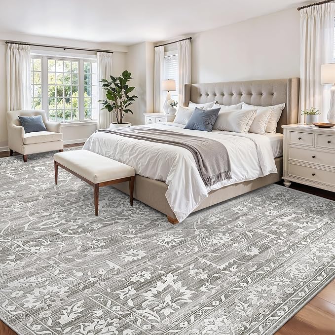 Soalmost Living Room 10x14 Area Rugs, Washable Soft Neutral Rugs Grey | Low Pile Non-Slip Stain Resistant Extra Large Thin Rug, Vintage Throw Carpet for Dining Room Bedroom Farmhouse Home Office