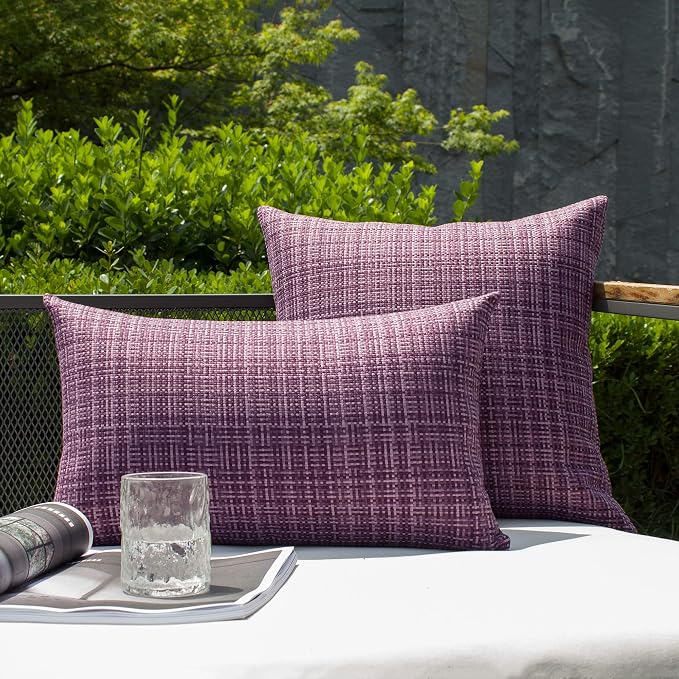 Kevin Textile Outdoor Waterproof Throw Pillow Covers 26x26 Inch Pack of 2 Woven Faux Linen Farmhouse Decorative Euro Shams Water Resistant Cushion Covers for Tent Patio Garden Couch Sofa Violet