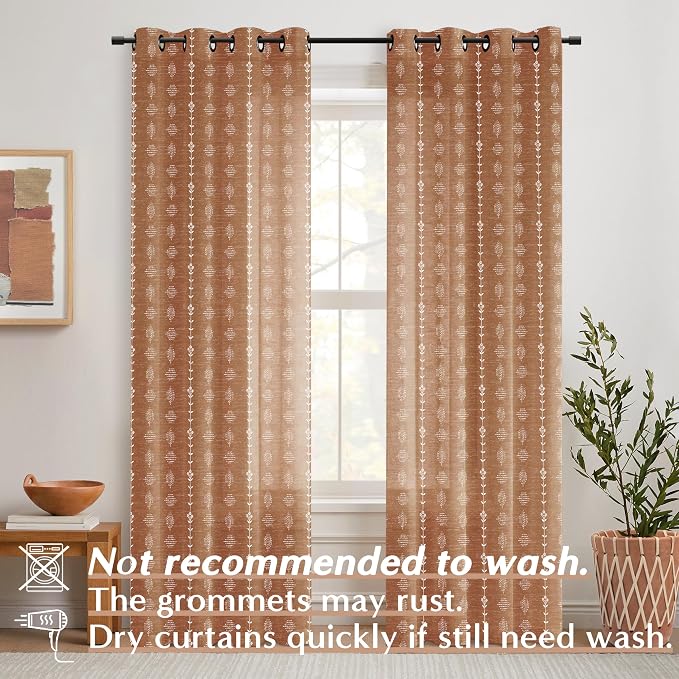 90 Inch Boho Curtains, Semi Sheer Floral Pattern Terracotta Burnt Orange Decorative Linen Vintage Drapes for Living Room Bedroom 52x90 in Long 2 Panel Set