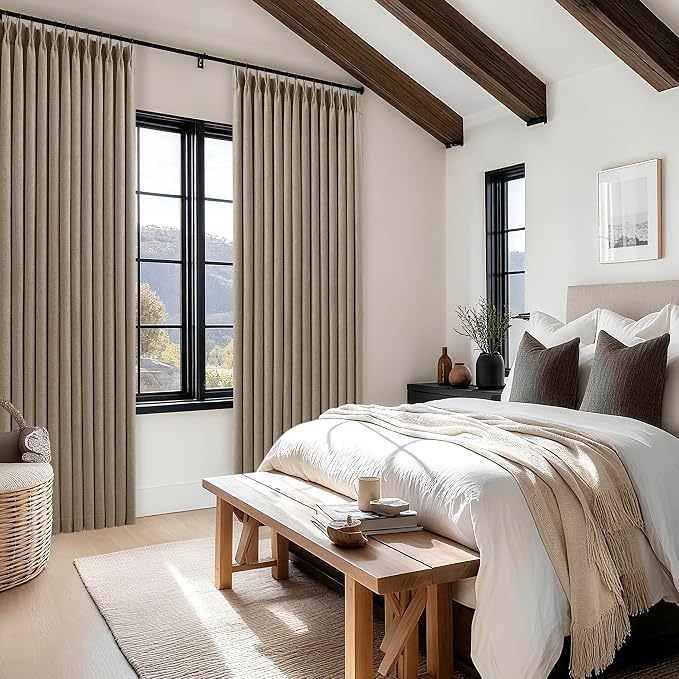 Viral Pleated Blackout Dark Flax 120 Inch Long Curtains Neutral Pinch Pleated Taupe Greige Linen Double Layer 100% Black Out Curtains Soundproof Cottagecore 120 Inch Window Drapes 2 Panels Set