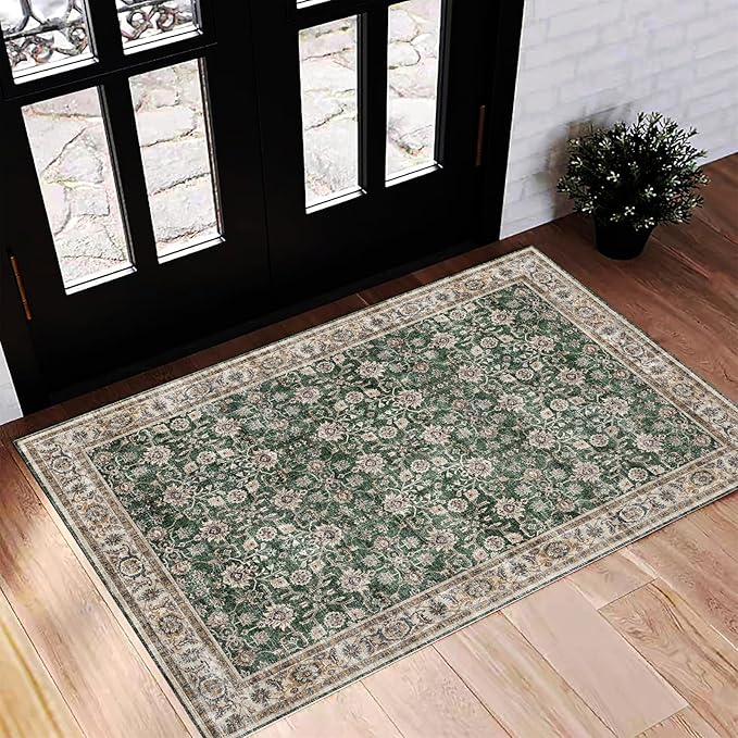 CHAMPLANT Washable Area Rug 2'x3' Door Mat Vintage Distressed Doormat Indoor Entrance Traditional Thin Rug Floral Print Non Slip Carpet for Kitchen Bathroom Bedroom Living Room