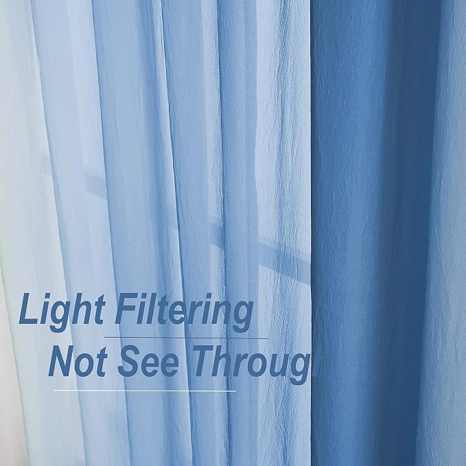 Ombre Chiffon Sheer Curtains Blue for Living Room Gradient Crinkle Semi Voile Curtain Panels for Bedroom Light Filtering Window Drapes for Office, Patio, Holiday Decor, Rod Pocket, 52"Wx95"L, 2 Pcs