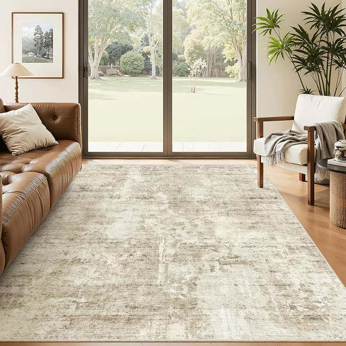 Soalmost 5x8 Area Rugs Beige Gray Low Pile Indoor Washable Trendy Faded Style Rugs for Bedroom Living Room Dining Room Foldable Non-Slip Thin Print Home Office Mat
