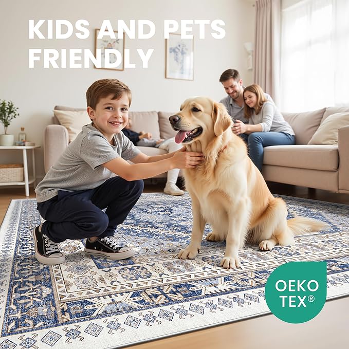 zesthome 3x12 Runner Rug for Hallway, Non-Slip Long Bathroom Rugs Runner for Kitchen, Bedroom, Soft Vintage Abstract Washable Rug for Entryway, Thin Floor Mat for Dining Room(Blue/Beige,3'x12')