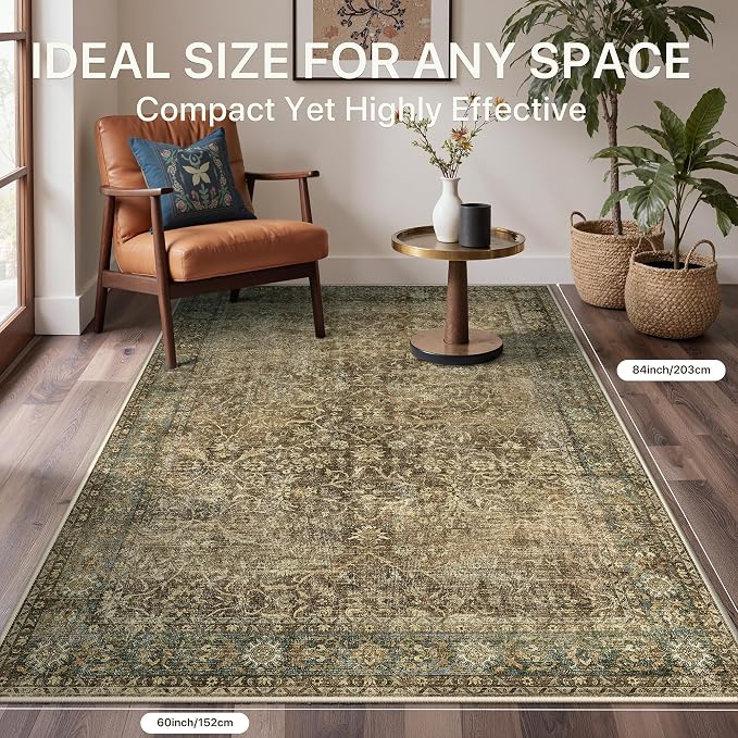 Bavni Washable Rugs 10x14 Machine Washable Rug Lightweight Low Pile, Vintage Floral Rug Non-Shedding Distressed Throw Carpet for Living Room Bedroom Office, Green
