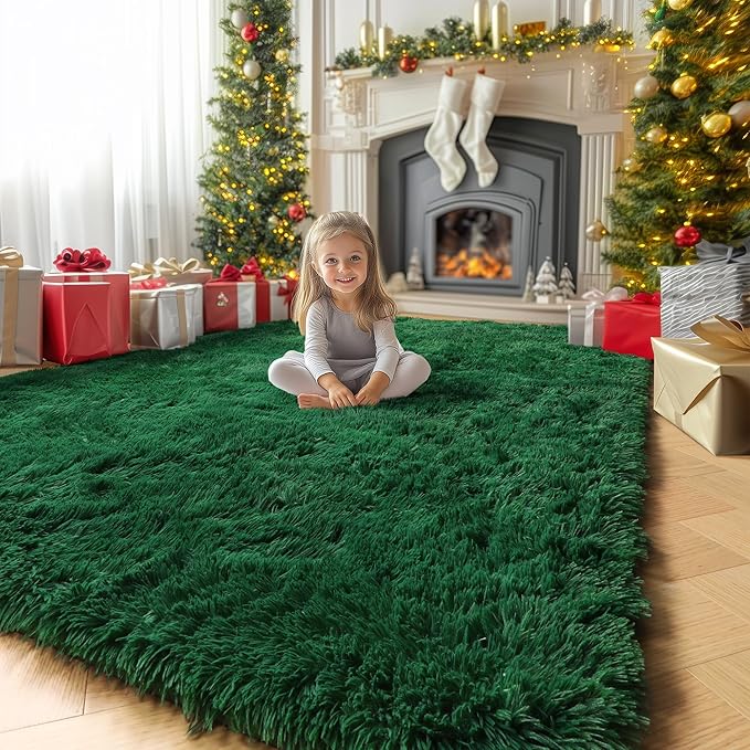 Amdrebio Dark Green Area Rugs for Bedroom Aesthetic, Fluffy Rug for Living Room, Soft Bedside Rugs 4x6 for Kids Room, Teen, Women, Shaggy Throw Carpet for Dorm Classroom Office Nursery, Emerald Green