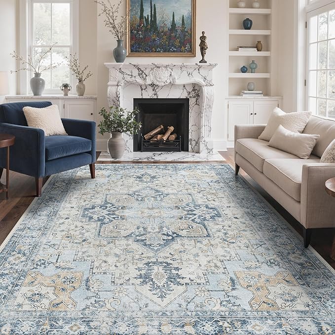 GENIMO 3x5 Area Rugs for Living Room, Machine Washable Rug, Non Slip Vintage Rugs, Low Pile Lightweight Chenille Print Rug for Bedroom, Dining Room, Home Office, Blue