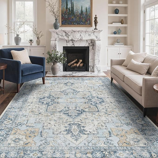 GENIMO 5x7 Area Rugs for Living Room, Machine Washable Rug, Non Slip Vintage Rugs, Low Pile Lightweight Chenille Print Indoor Rug for Bedroom, Dining Room, Home Office, Blue