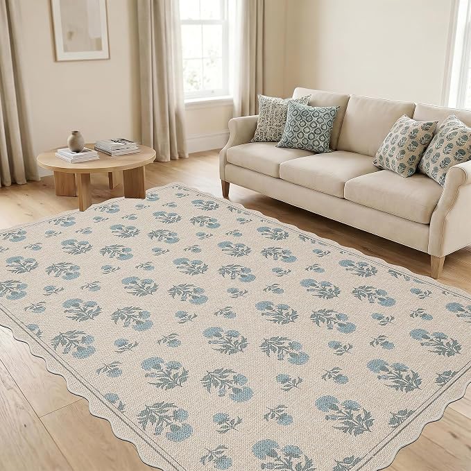 ORTIGIA Scalloped Easy Jute 5x7 Area Rug Vintage Blue Floral Farmhouse Washable Non-Slip Indoor Outdoor Carpet for Living Room Bedroom Patio Entryway