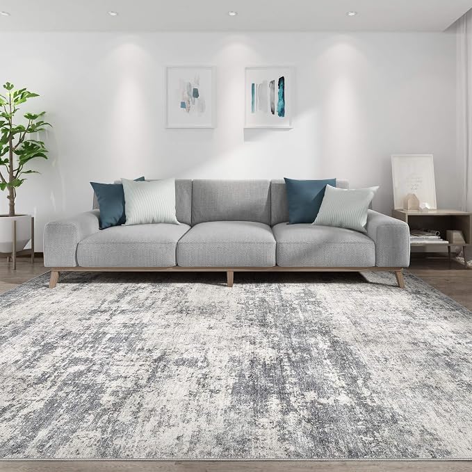 Abstract 10x12 Area Rug: Machine Washable Non Slip Ultra Thin Low-Pile Carpet, Soft Stain Resistant for Living Dining Room Bedroom, Kid Pet Friendly, Robot Vacuum Compatible - Grey Beige