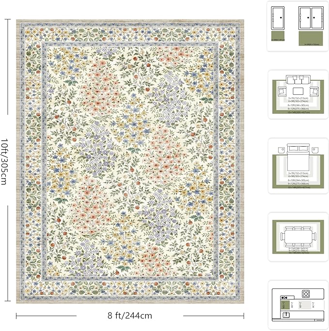 8x10 Area Rugs, Machine Washable Low Pile Floral Rugs for Living Room, Bedroom, Large Boho Area Rug with Non-Slip Backing for Dining Room(Beige Floral)