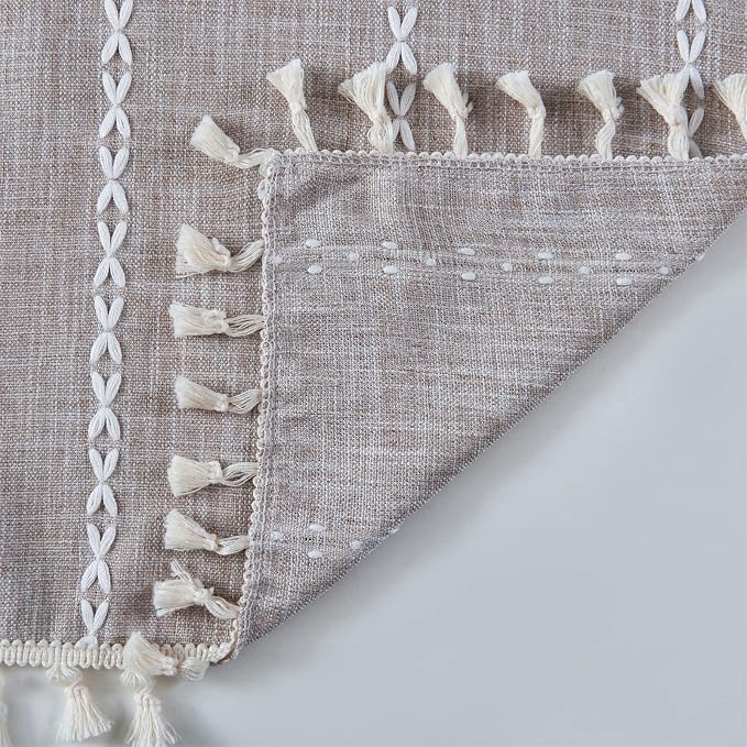 RoomTalks Boho Farmhouse Curtains for Bedroom Living Room 72 Inch Length 2 Panels in Tan French Cabin Rustic Country Cute Cotton Polyester Window Curtain Panels Bohemian Chic Tassel Draperies