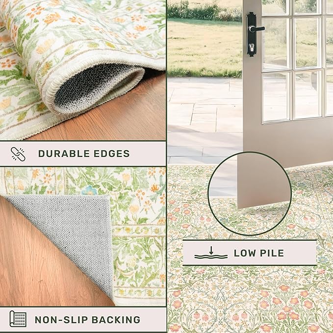 Hazo Haus Non Slip Beige Green Bathroom Runner Rug - Long Runner Rugs 24 x 72 Washable Kitchen Floor Mat, Laundry Room Rug, Hallway Runner - Vintage Floral Design Décor (2x6 Beige Green)
