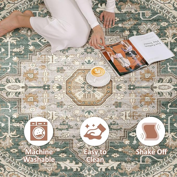 Round Rug Living Room Rugs: 7x7 Washable Boho Neutral Large Circle Soft Indoor Distressed Stain Resistant Floor Farmhouse Carpet for Bedroom Nursery Kids Playroom Office Dining Room Dorm- Green
