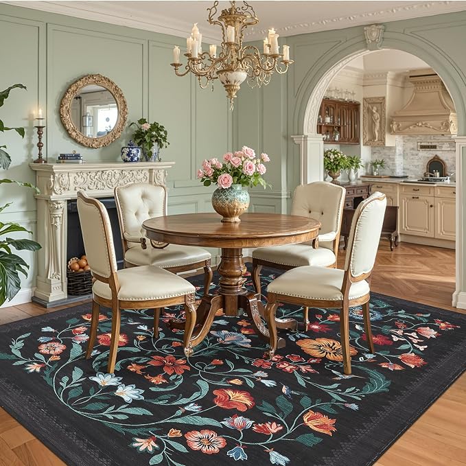 GarveeHome Washable Rug 9x12 Area Rugs for Living Room, Floral Rug for Bedroom, Soft Vintage Non Slip Throw Rugs with Rubber Back, Low Pile Stain Resistant Boho Floral Carpet for Dining Room, Black