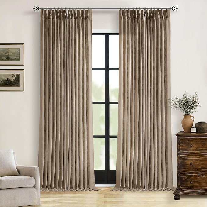 Farmhouse Light Brown Linen Curtains 112 Inches Long for Living Room Pinch Pleated Drape with Hooks Rings for Track System Light Filtering 112 Inch Curtain for Bedroom Sliding Patio Door 2 Panels