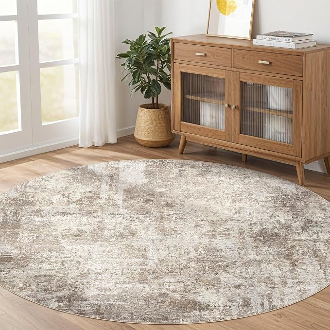6ft Round Rug Living Room Rugs: 6x6 Washable Circle Large Abstract Modern Soft Stain Resistant Non-Slip Indoor Floor Carpet for Bedroom Nursery Office Dining Room Playroom Home House- Beige Brown