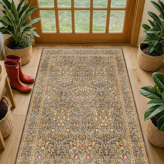 Vintage Brown 3x6 Area Rugs for Large Entryway, Bedroom Beside Rug, Kitchen, Laundry Room, Non-Slip Low Pile Ultra Soft Stain Resistant Small Floral Carpet