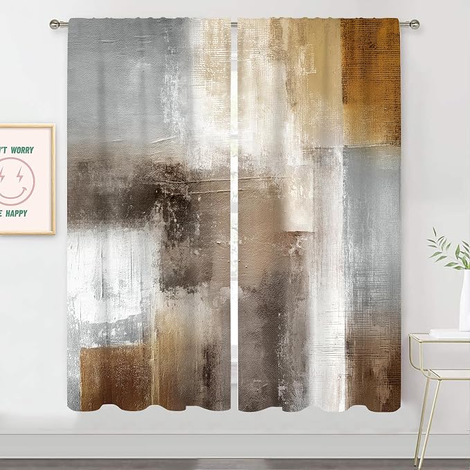 MESHELLY Brown Beige Tan Curtains 42Wx63H Inch Rod Pocket Rustic Vintage Earth Tone Oil Painting Bedroom Window Drapes Aesthetic Modern Neutral Printed Living Room Window Treatment