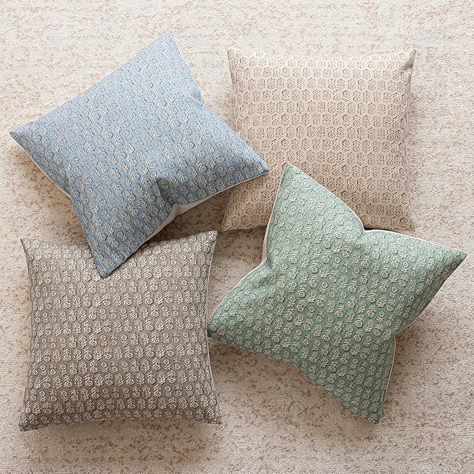 Foindtower Set of 2 Decorative Neutral Floral Print Throw Pillow Covers Vintage Accent Farmhouse Cushion Covers Boho Home Decor for Sofa Couch Chair Bedroom Living Room Outdoor,22×22 Inch,Aqua Blue