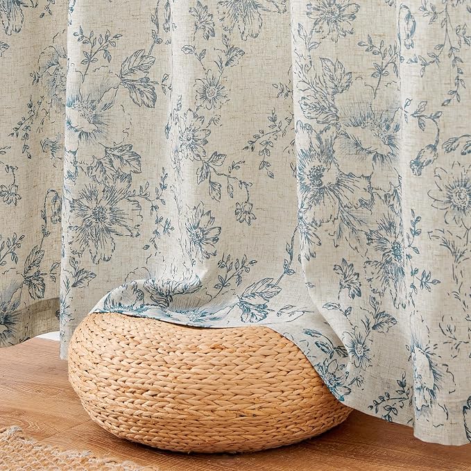 jinchan Lined Linen Blend Curtain Floral Curtains for Living Room 108 Inches Long Blue Peony Flower Printed Curtain Rod Pocket Back Tab Farmhouse Patterned Drapes Bedroom Window Curtains Set 2 Panels