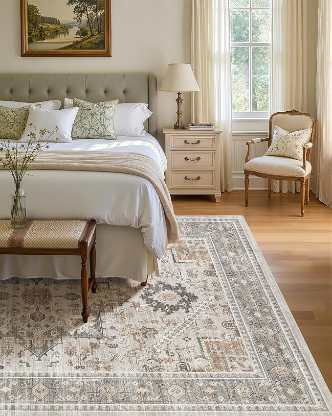 5x7 Vintage Area Rug: Washable Neutral Soft Non Slip Thin Large Floor Carpet for Living Room Bedroom Kitchen Dining Room Home Office Farmhouse Indoor - Taupe