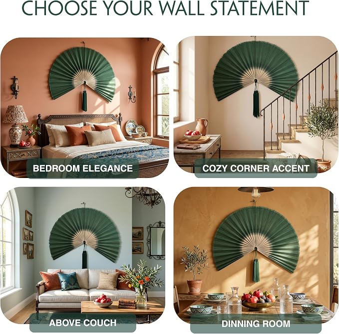 SUCHUBU Green Teal Ombre Wall Fan, 40" Handwoven Bamboo Decor, Large Japanese Hanging Fan, Botanical Asian Wall Art, Modern Boho Living Room Accent (Green Teal Ombre, Medium)