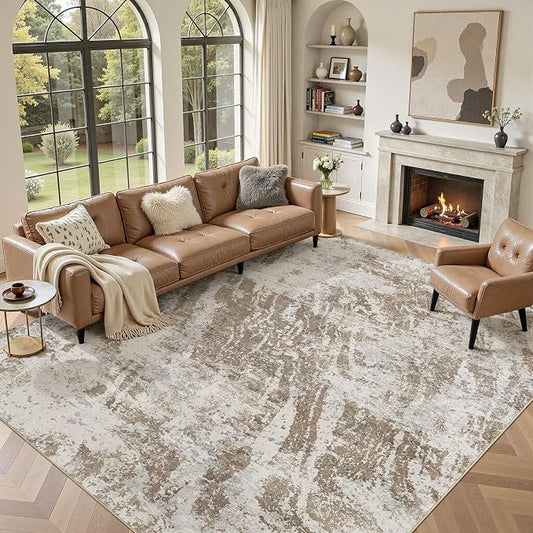 DMOYEST 9x12 Washable Area Rug: Abstract Modern Non-Slip Carpet, Soft Low Pile Indoor Neutral Easy Clean Floor Rugs for Living Room Bedroom Dining Room Kids & Pets - Brown