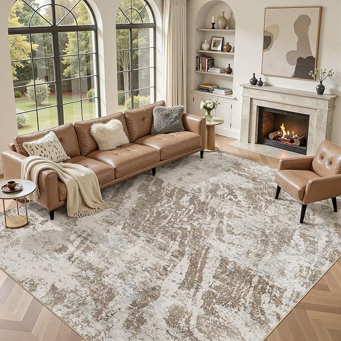 DMOYEST 10x14 Washable Area Rug: Abstract Modern Non-Slip Carpet, Soft Low Pile Indoor Neutral Easy Clean Floor Rugs for Living Room Bedroom Dining Room Kids & Pets - Brown